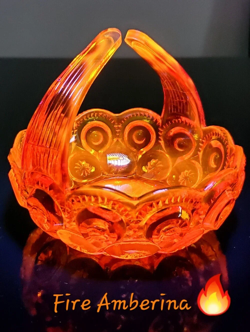 GLOWING Fire Amberina Moon & Star Split Handle Art Glass Basket - Picture 2 of 16